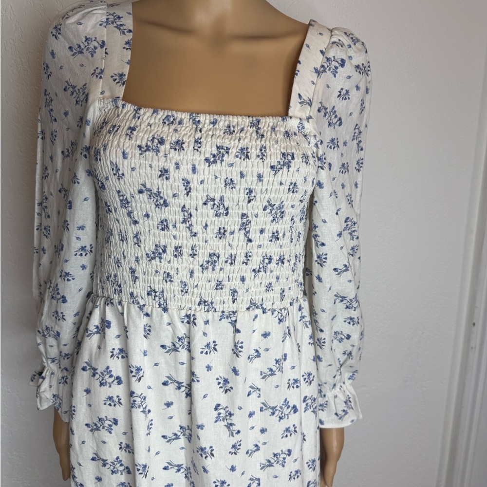 🆕 House Of Harlow 1960 Linen Size S Dress Smocked Bodice Front Slit Beachy - Picture 6 of 9